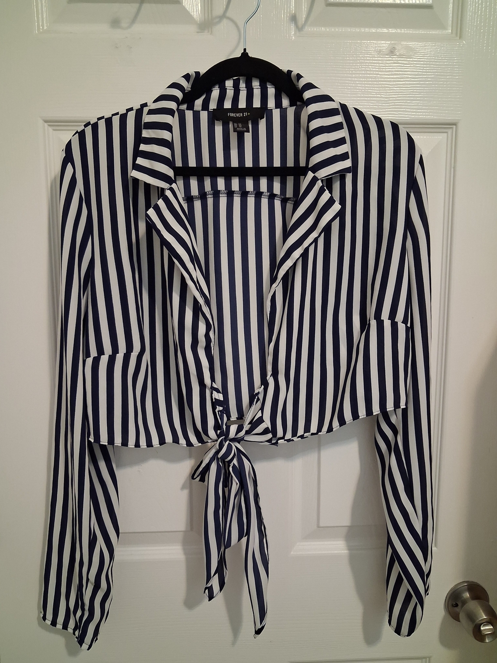 Forever 21 Navy & White Striped Tie-Front Crop Shirt